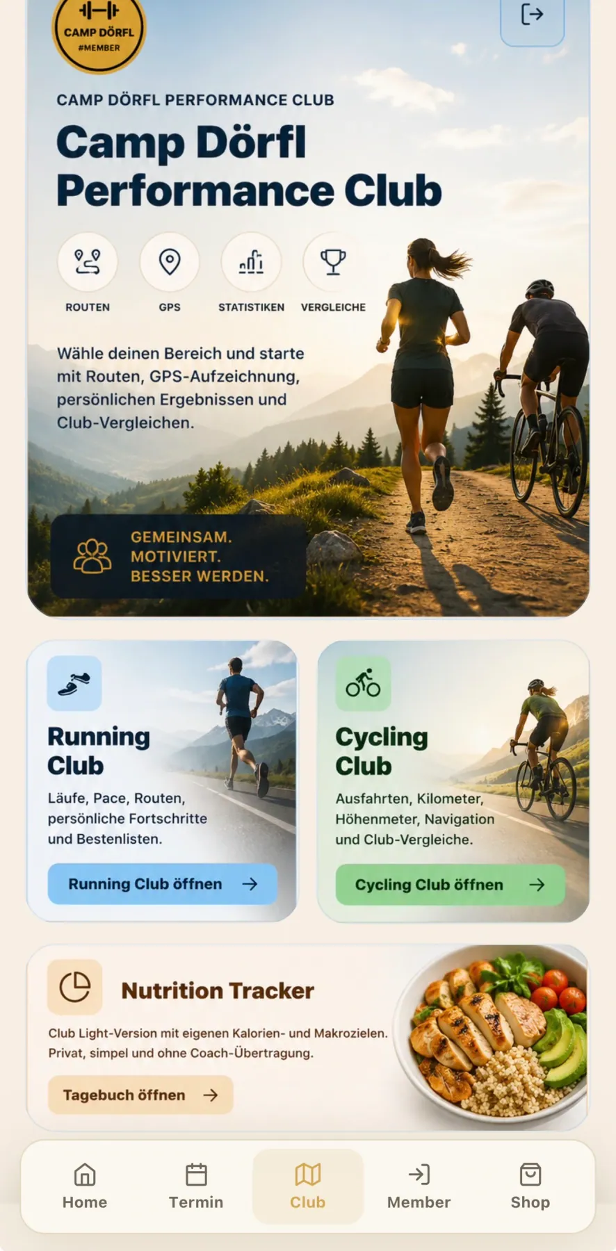 Camp Dörfl app preview showing the performance club for running and cycling