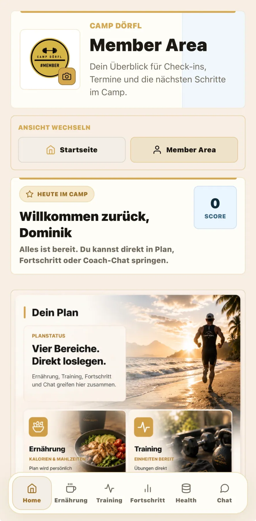 Camp Dörfl app preview showing the member area and plan view