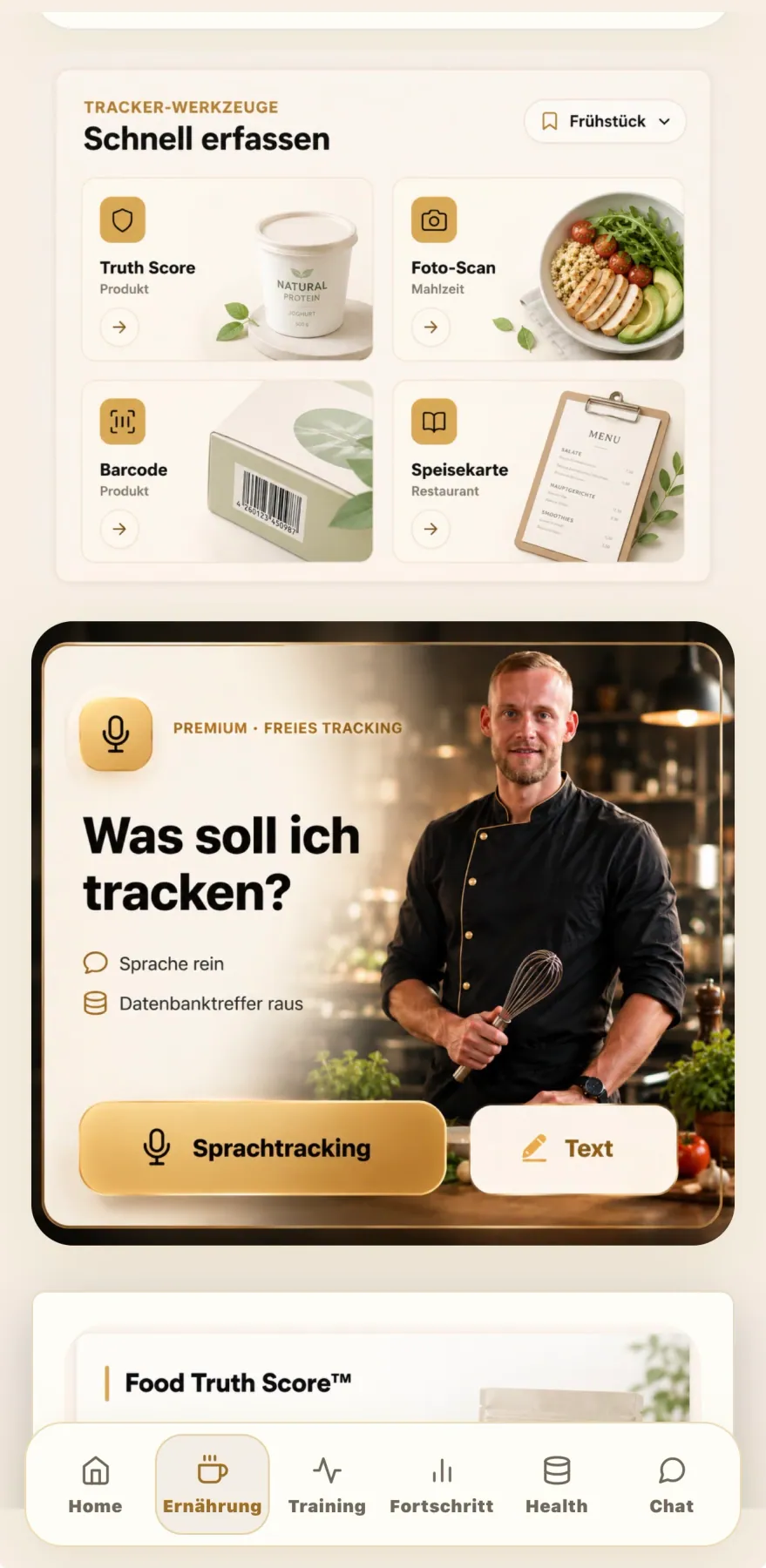 Camp Dörfl app preview showing tracking tools and voice logging