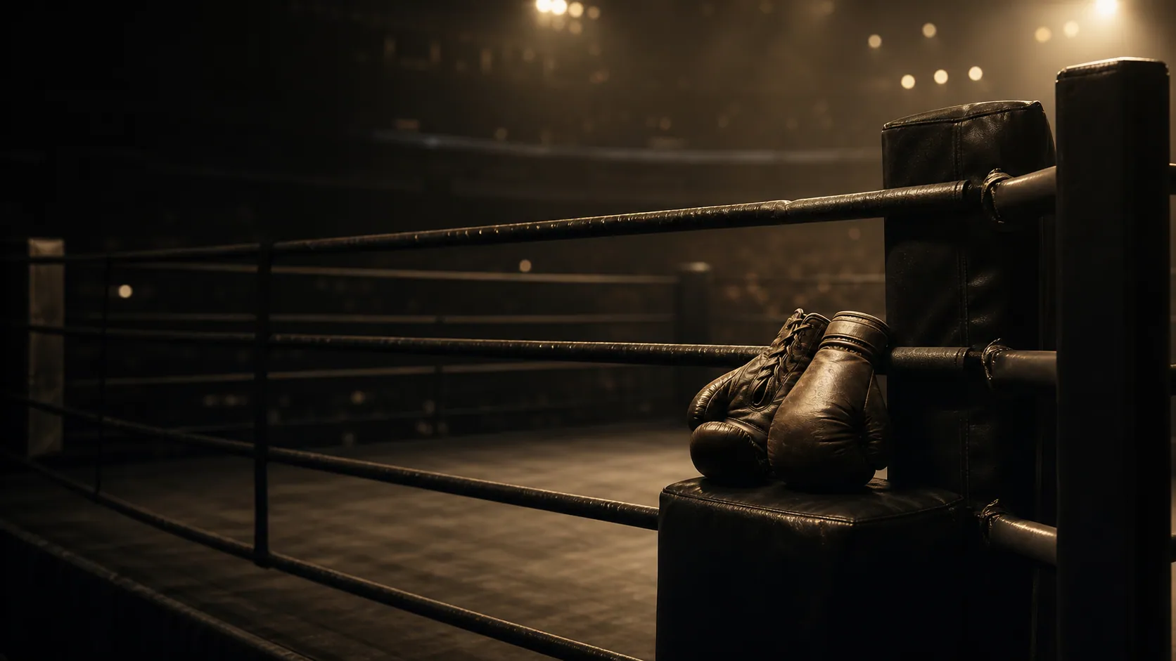 Leerer Boxring mit Boxhandschuhen vor einem großen Kampf