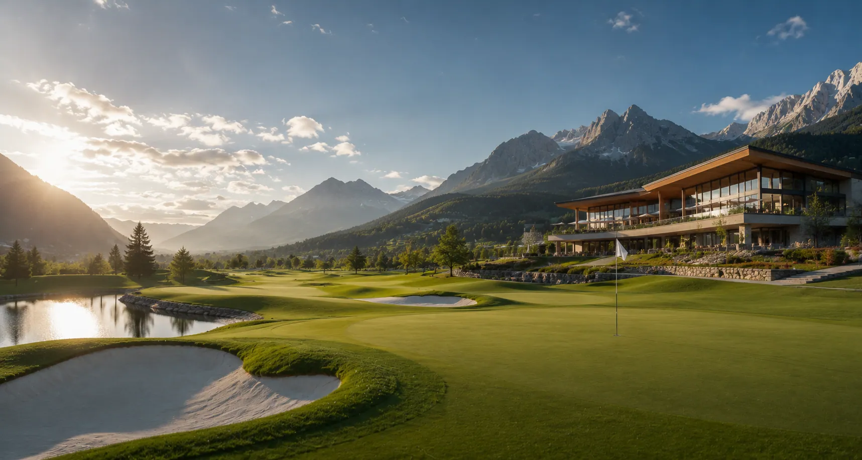 Golfplatz in den Bergen mit Clubhaus, See und Grün im Abendlicht