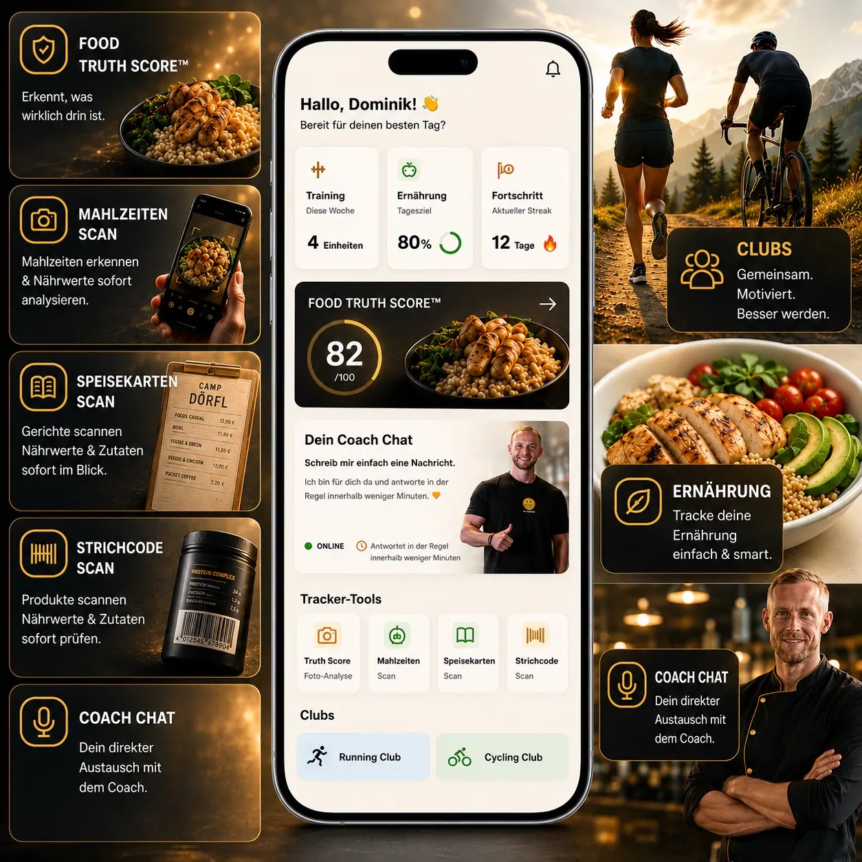 Preview of the Camp Dörfl app showing training, nutrition, check-ins and performance features