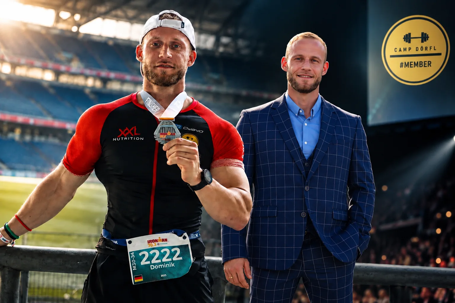 Dominik Dörfl zweifach im Stadion: als Ironman-70.3-Finisher mit Medaille und im Anzug als Moderator